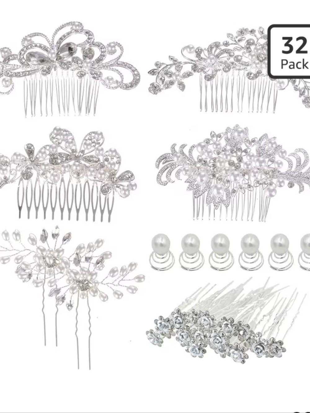 Silver Bridal Hair Comb and Pin Set – 32-Piece Women’s Accessories